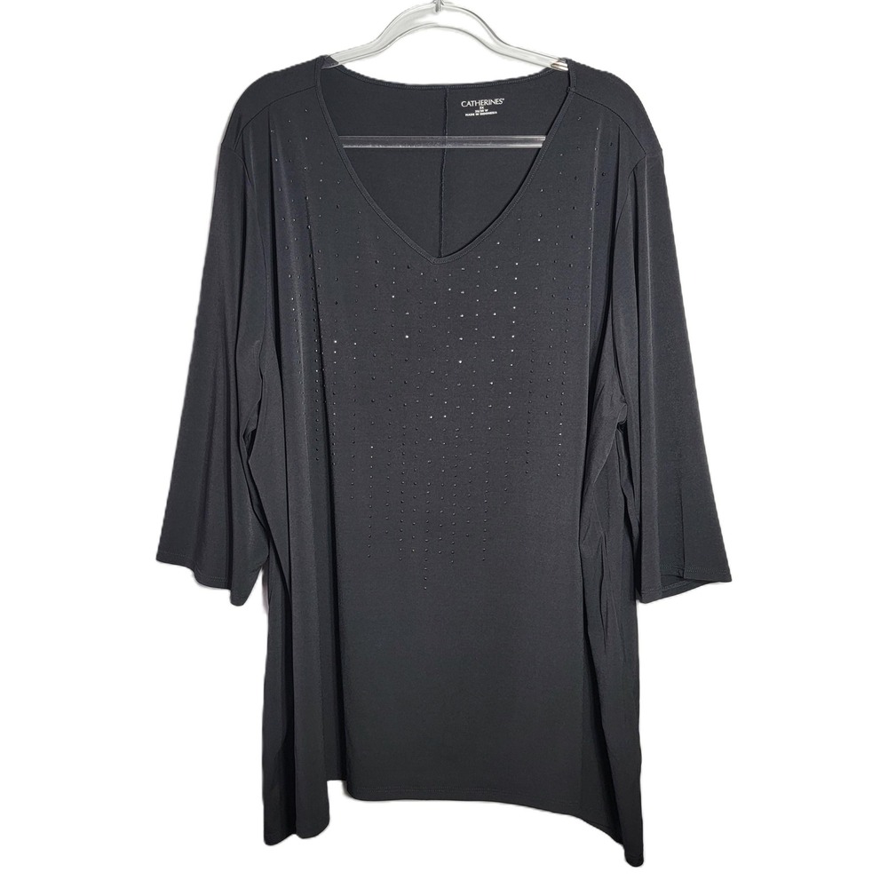 Catherines Plus Size 3X Black Rhinestone V‎ Neck 3/4 Sleeve Tunic Top